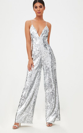 Chic Spaghetti Strap V-Neck Sleeveless White Sequins Long Jump Suit